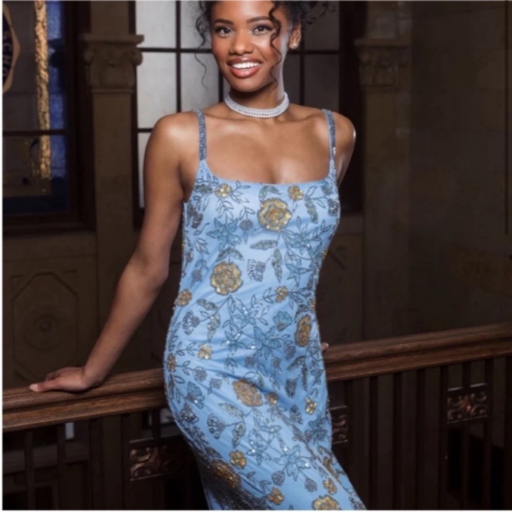 Mac Duggal 10808 Blue Sequin Square Neck Floral Evening Gown 6